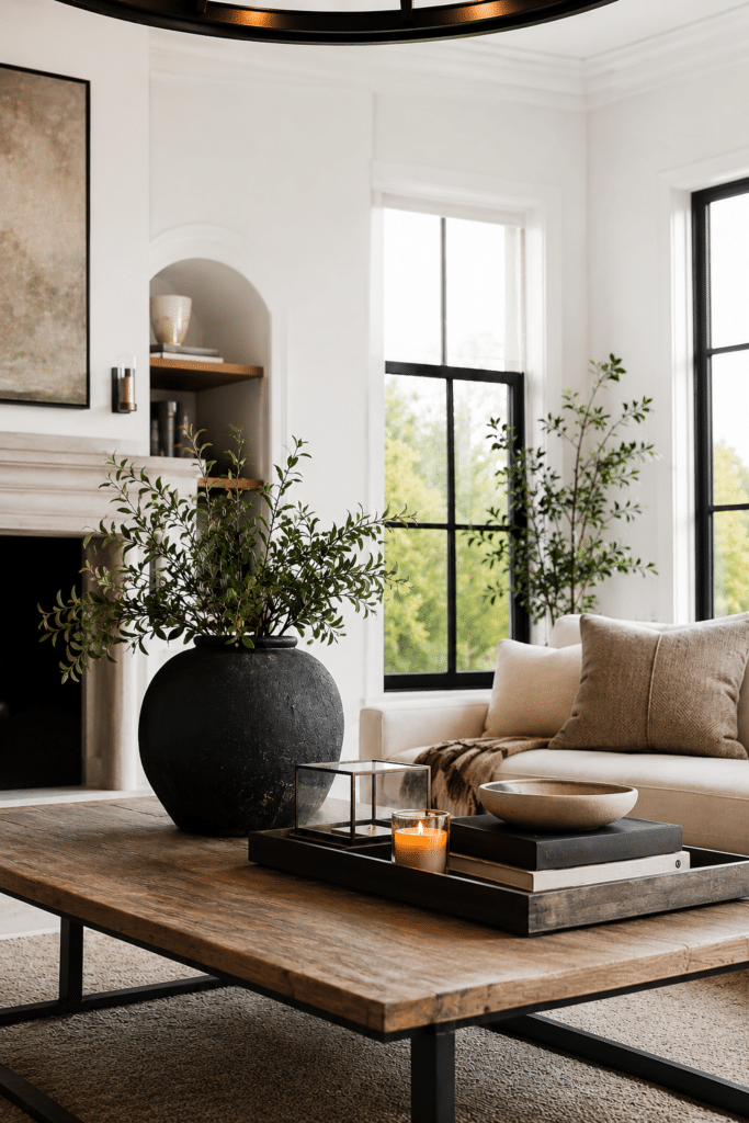 How To Decorate A Coffee Table Like A Designer for everyday, 2026 design trends, rectangular coffee table decorating inspiration with a black textured vase of greenery, tray, bowl, candle and books in a living room with white walls and black trimmed windows, builtin decor, earthy, modern and minimalist, neutral aesthetic