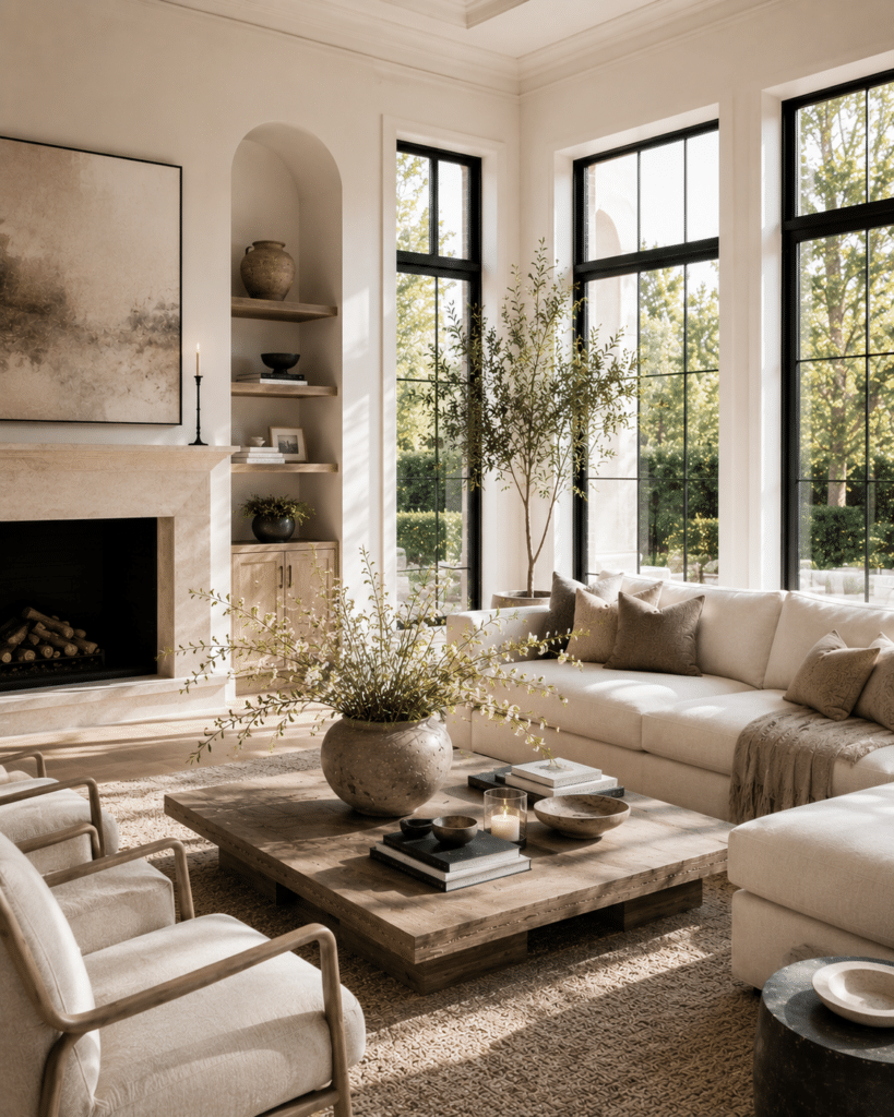Cozy Neutral Living Room Decor Ideas, modern, minimalist interior design ideas, coffee table decor inspiration, white sectional sofa and 2 chairs furniture arrangement, cohesive style, Pottery Barn style, black trimmed windows, arch builtins bookshelf idea for a living room