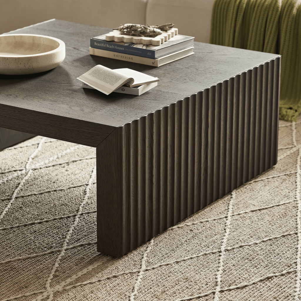 Earthy Brown Square Wood Coffee Table Idea with shopping link to this coffee table, neutral aesthetic, living room decor ideas with a warm color palette, texture, coffee table decorating ideas with bowls, trays and books, fluting, Restoration Hardware style, Nancy Meyers style, Pottery Barn Home, 2026 interior design trends, new home ideas