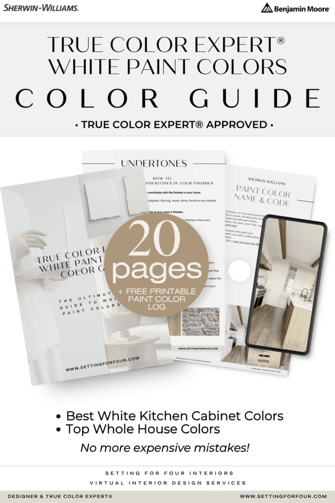 True Color Expertยฎ White Paint Colors Guide - The Best White Paint Colors - includes my favorite Designer and True Color Expertยฎ approved white paint colors, undertone details, coordinating trim colors and guidance for choosing whites for walls, trim and cabinetry with FREE printable paint color tracker to keep track of your home's paint colors room by room! Best whole house colors, painting tips, 2026 design trends, Setting For Four Interiors, Virtual Interior Design