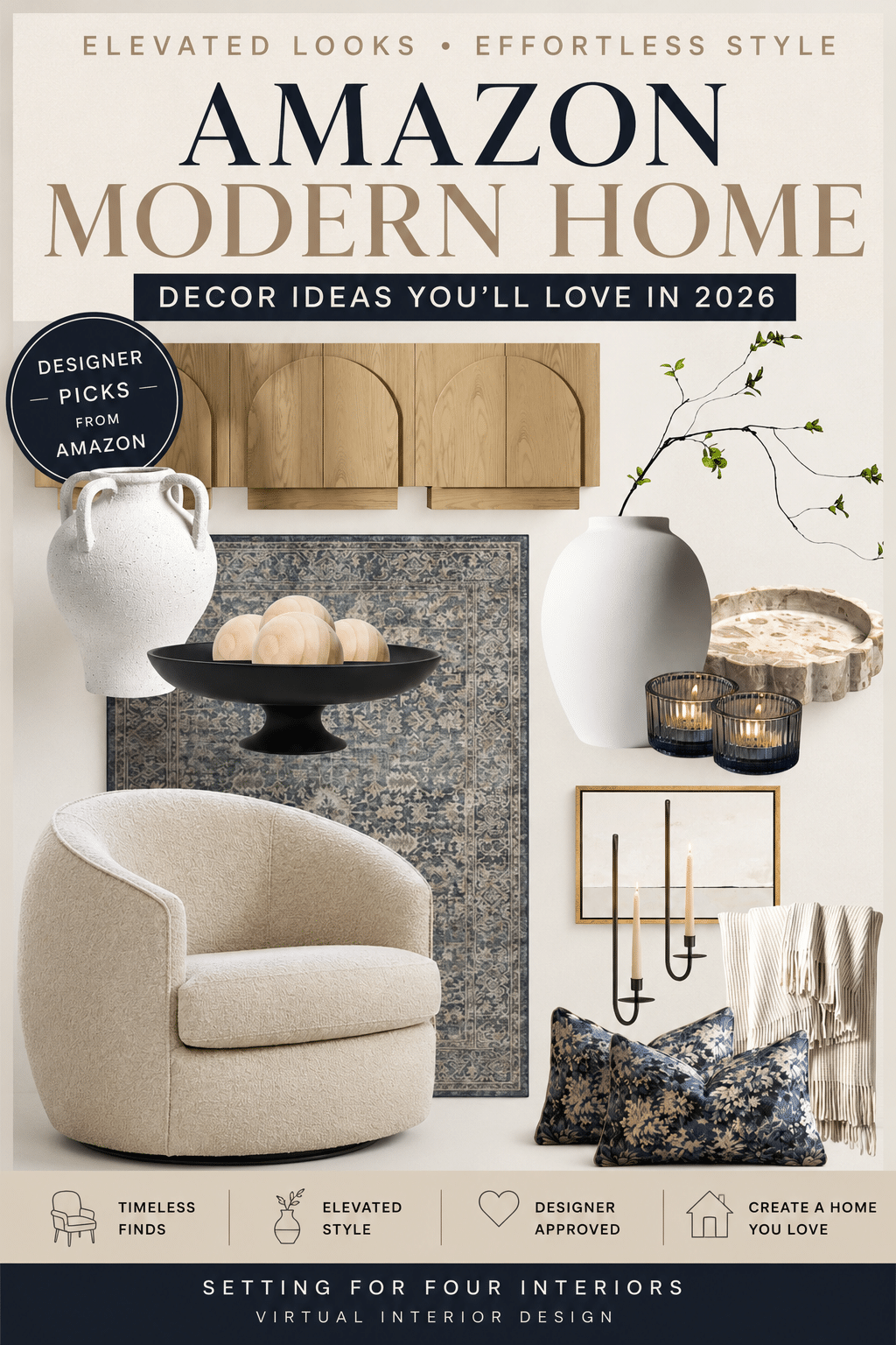 Looking for Amazon modern home decor ideas that look expensive without the designer price tag? As an Interior Designer and True Color Expert®, I'm sharing my favorite Amazon furniture, rugs, lighting, wall decor, pillows, vases, and accessories that create a timeless Organic Modern home inspired by Restoration Hardware, Arhaus, and Pottery Barn. Discover designer styling tips, luxury decorating ideas, and affordable Amazon finds that help you create a beautiful, elevated home. Save this pin for your next home makeover!