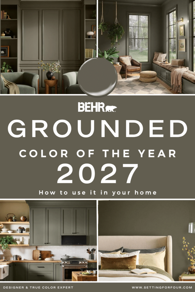 Behr Grounded Color of the Year 2027: Expert Review. How to use it in your home interior and exterior. Paint color inspiration. Neutral kitchen cabinet paint color idea, earthy, moody living room paint color, bedroom, bathroom paint color idea.