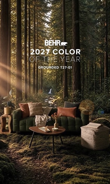 Behr Grounded T27-01 Color Of The Year 2027 paint color inspiration. A mossy olive with earthy brown undertones, Grounded transforms everyday spaces into personal sanctuaries.