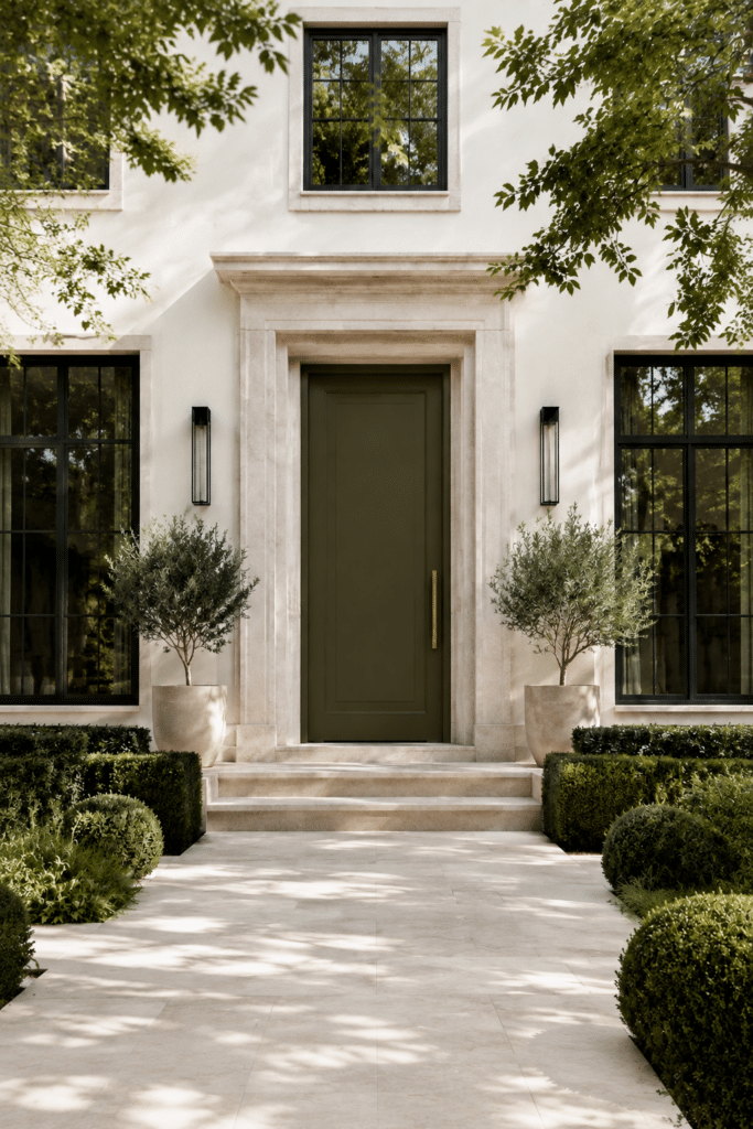 Behr Grounded Front Door Paint Color Idea, a dark green front door paint color idea, with neutral color palette, exterior home color inspo, black trimmed windows and warm white exterior stucco, 2027 exterior paint color ideas