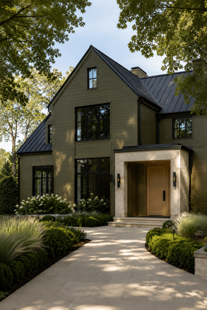 Behr Grounded Exterior Siding Paint Color Idea, 2027 design trends, color of the year 2027, paint color inspiration, luxury style, neutral modern home exterior color palette with green siding, beige brick, black trimmed windows and a black roof