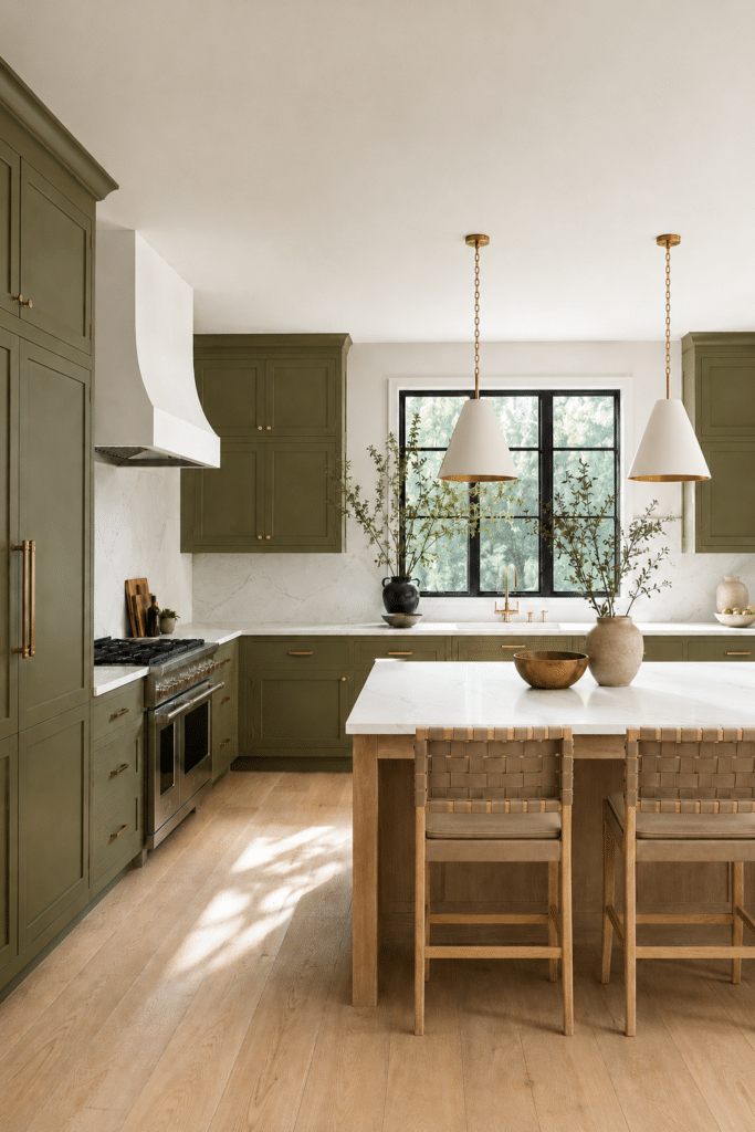 Behr Grounded Kitchen Cabinet Paint Color, green kitchen, neutral color palette, white walls, light wood kitchen island, quartz countertops and slab backsplash, white and brass pendant lights, woven kitchen island stools, cozy kitchen idea