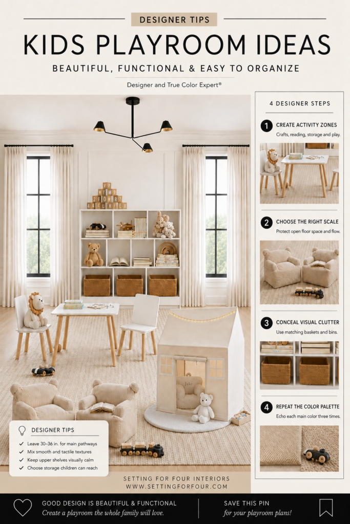 Neutral kids playroom with a craft table, reading chairs, play tent and woven toy storage, plus designer tips for creating activity zones and an organized layout.