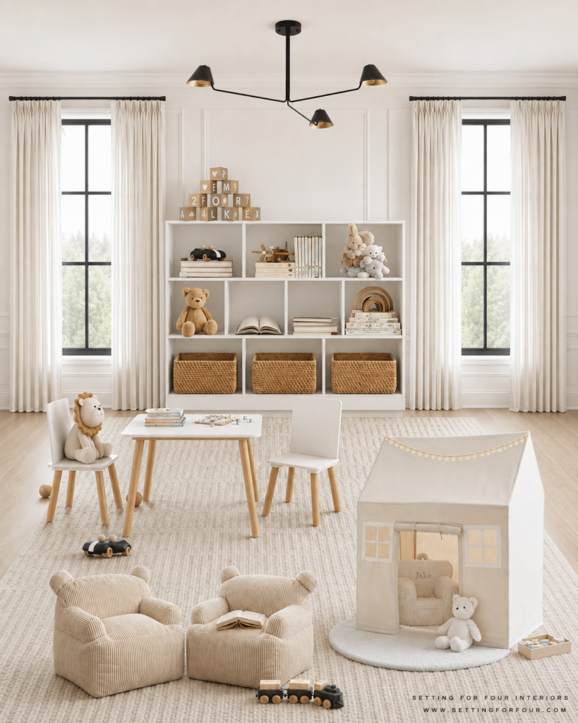 Modern neutral kids playroom with an activity table, two cozy reading chairs, an indoor playhouse tent, white cubby shelving and woven toy storage baskets.