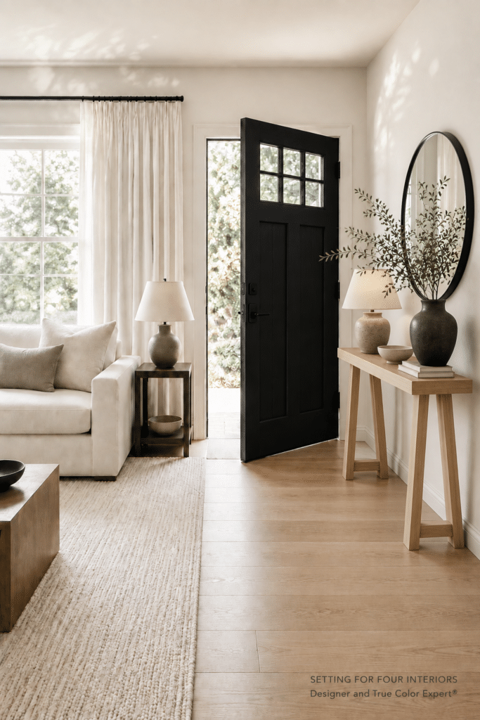 Cozy Small Entryway With Narrow Console Table Neutral Color Palette, no entryway idea, modern living room and entryway combination, open concept home idea, white oak furniture, small entry design tips form a Designer and True Color Expert® | Setting For Four Interiors