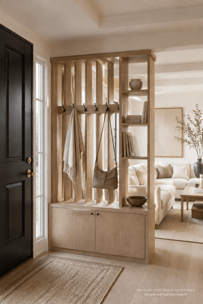 Elegant Oak Hall Tree Room Divider Faux Entryway Idea, fake an entryway when you don't have one, small entry idea, front door opens straight onto living room, small space ideas, organization, storage, modern home inspiration from a Designer and True Color Expert® | Setting For Four Interiors.