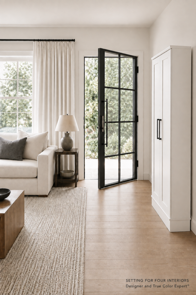 How To Fake An Entryway With A Cabinet By The Front Door to hide clutter with closed storage. No entryway design ideas when the front door opens straight onto the living room. Design tips from a Designer and True Color Expert | Setting For Four Interiors.