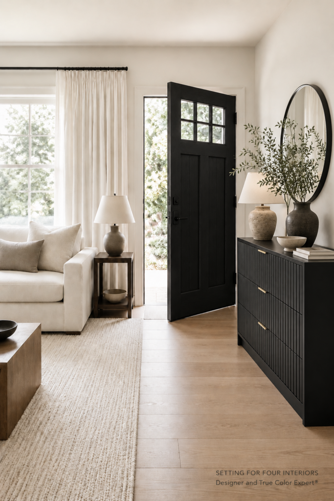 Fake An Entryway Design and Storage Idea with a dresser when the front door opens straight to the living room, no entry, faux entryway ideas, modern home inspo, black front door, black and white color palette, neutral aesthetic, design tips from a Designer and True Color Expert® | Setting For Four Interiors.