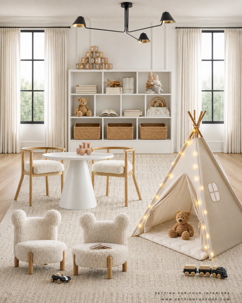 Neutral kids playroom ideas with an activity table, house play tent, reading chairs and woven toy storage.