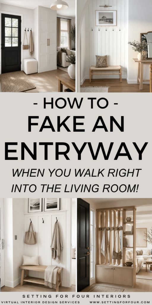Struggling with a home that has no entryway? Does your front door open to the living room? Turn that problem into an opportunity with these expert design tips on how to fake an entry when you enter right into the living room. Say goodbye to an awkward entrance and hello to an functional, beautiful entry foyer. Small entryway decorating tips from a Designer and True Color Expert® at Setting For Four Interiors.