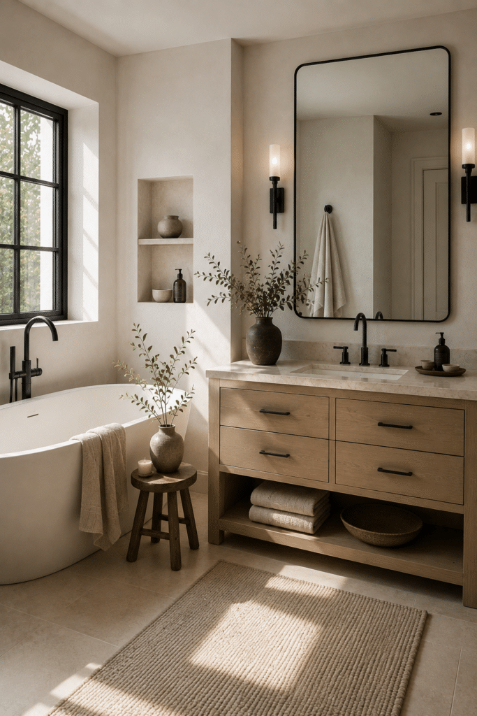 Learn how to add texture to a bathroom for a warm, luxurious and beautifully layered look. Discover designer tips for combining natural wood, stone, tile, soft towels, woven rugs, organic decor and greenery to add depth and visual interest. These luxury bathroom decorating ideas are perfect for creating a timeless, organic modern bathroom that feels polished, inviting and professionally designed. Design Tips from a Designer and True Color Expertยฎ | Setting For Four Interiors