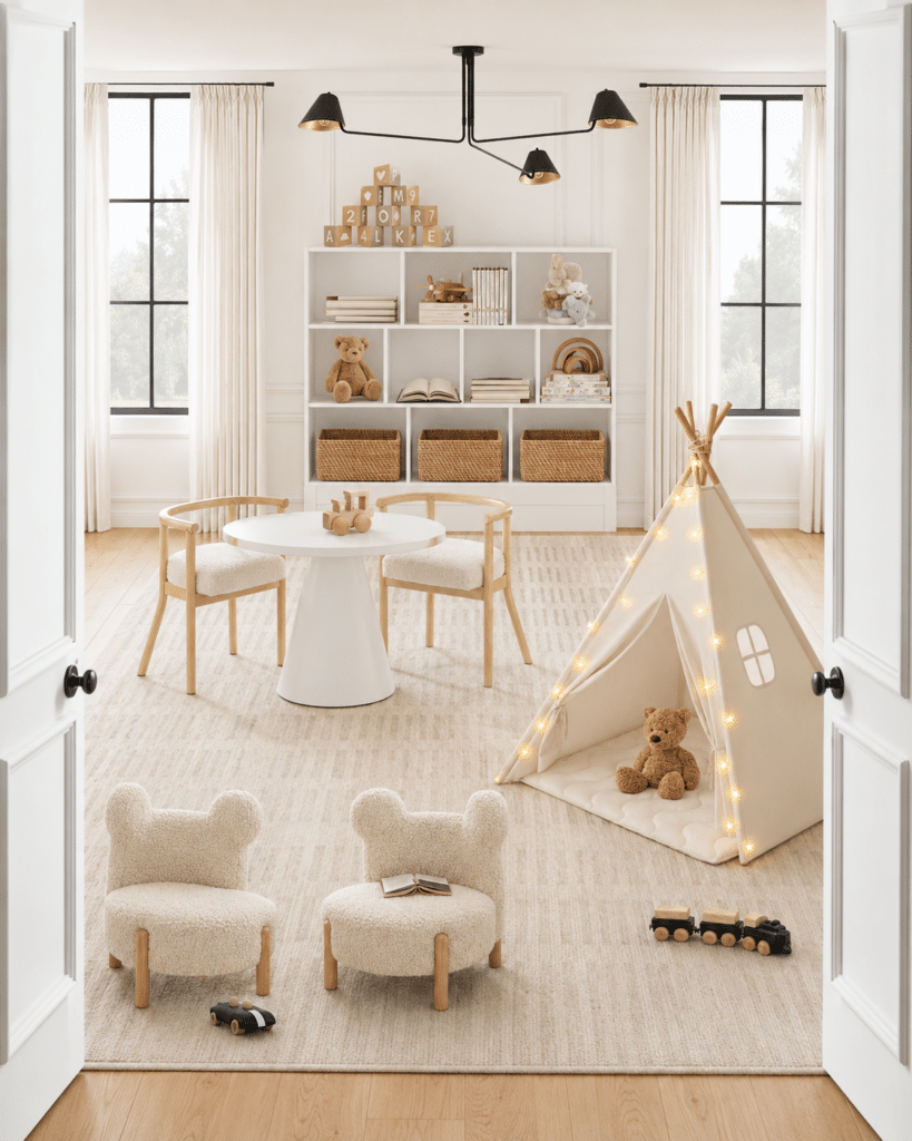 Neutral organic modern kids playroom viewed through open double doors, featuring a teepee tent, activity table, reading chairs and woven toy storage baskets.