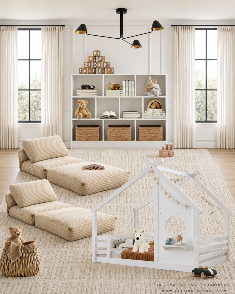 Neutral organic modern kids play room with a white Montessori style house bed, two floor lounge chairs, woven toy storage baskets and an organized cubby bookcase.