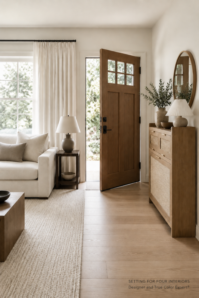 No Entryway Design Idea For A Front Door That Goes Straight Into The Living Room. Add a shoe cabinet to fake an entryway, faux entryway ideas, small entry inspiration, neutral entryway and living room combination, open concept home ideas, tiny home, 2026 design trends, entryway design tips from a Designer and True Color Expert | Setting For Four Interiors