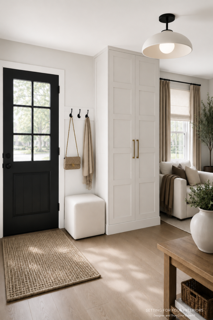 Neutral Small Entryway Idea Ikea Hack. Create a faux entryway with an Ikea cabinet, fake an entry, walk right into the living room, tiny home ideas, modern home inspiration, design tips from a true color expert and designer | Setting For Four Interiors