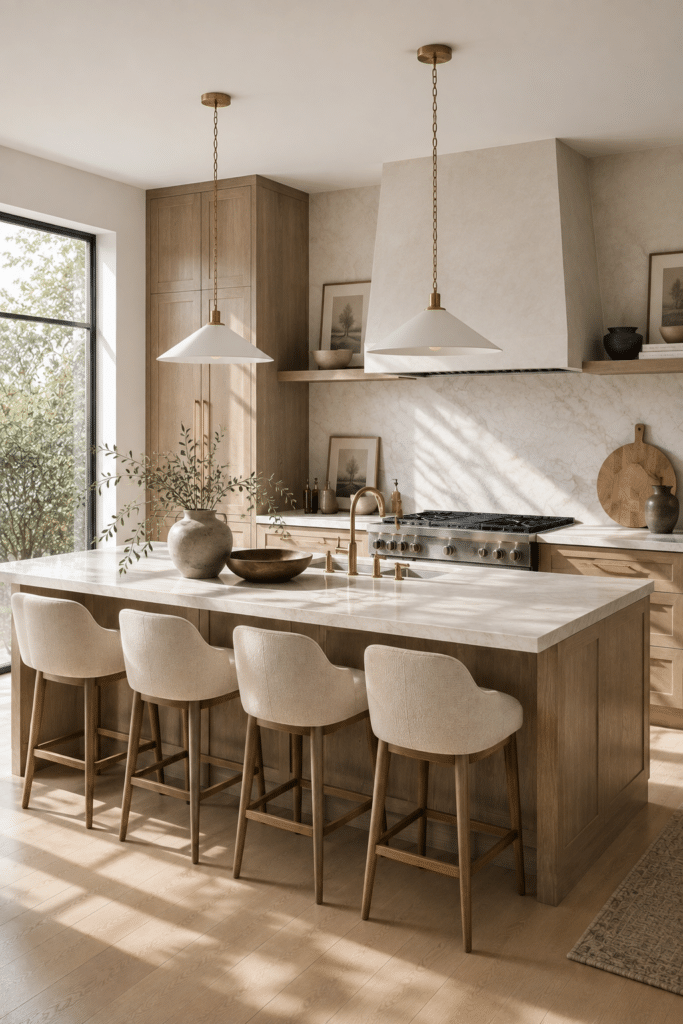 Learn how to add texture to a kitchen for a warm, layered and luxurious designer look. Discover how to combine natural wood cabinets, stone countertops, upholstered counter stools, lighting, greenery and organic decor to add depth and visual interest. These kitchen decorating ideas are perfect for creating a timeless, organic modern kitchen that feels inviting, elevated and beautifully finished. Design Tips from a Designer and True Color Expertยฎ | Setting For Four Interiors