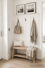 How to fake an entryway when the front door opens straight onto the living room, no entry ideas, design and true color expert tips, board and batten accent wall with wall hooks to hang kids backpacks and coats