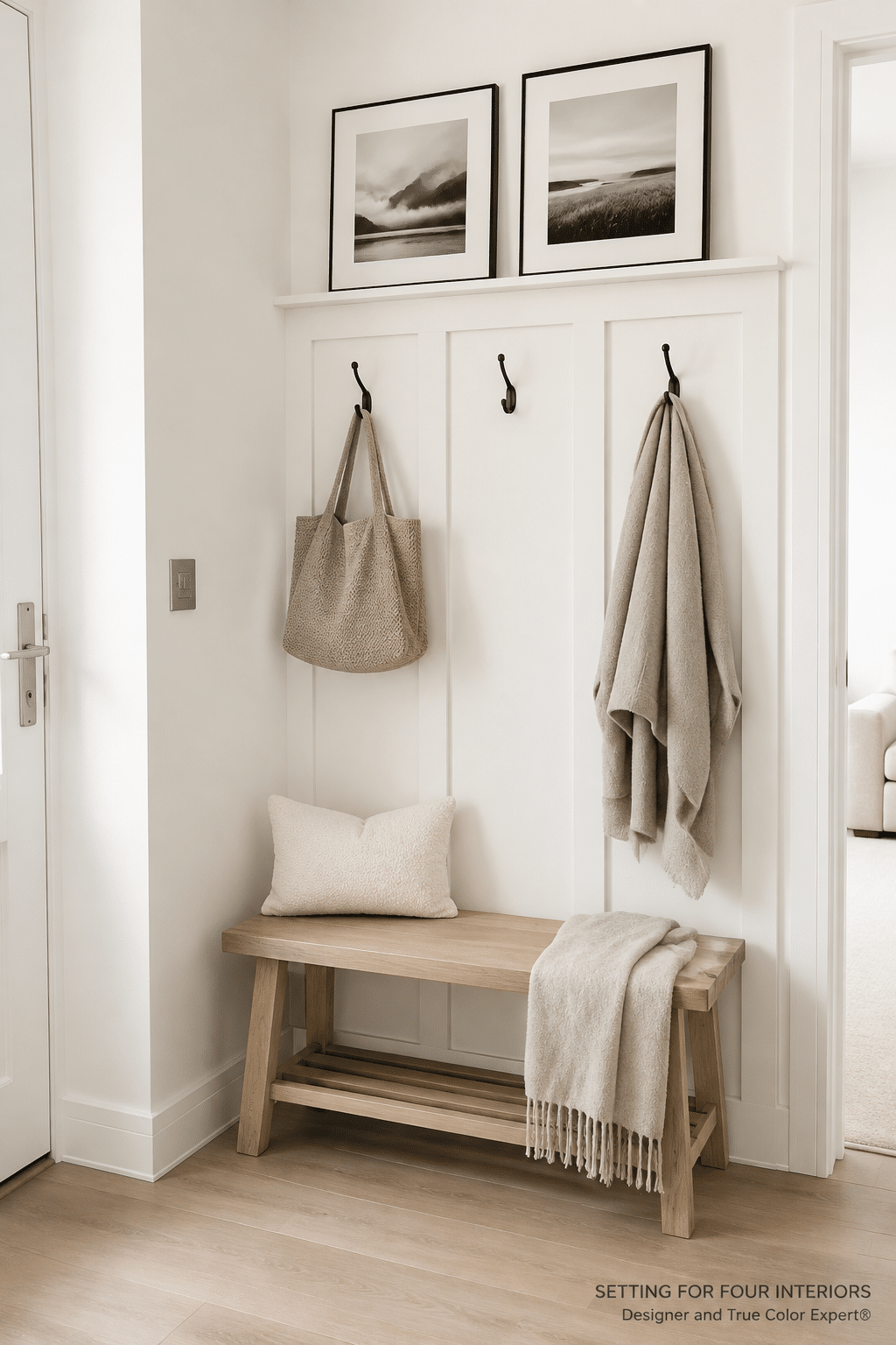 How to fake an entryway when the front door opens straight onto the living room, no entry ideas, design and true color expert tips, board and batten accent wall with wall hooks to hang kids backpacks and coats