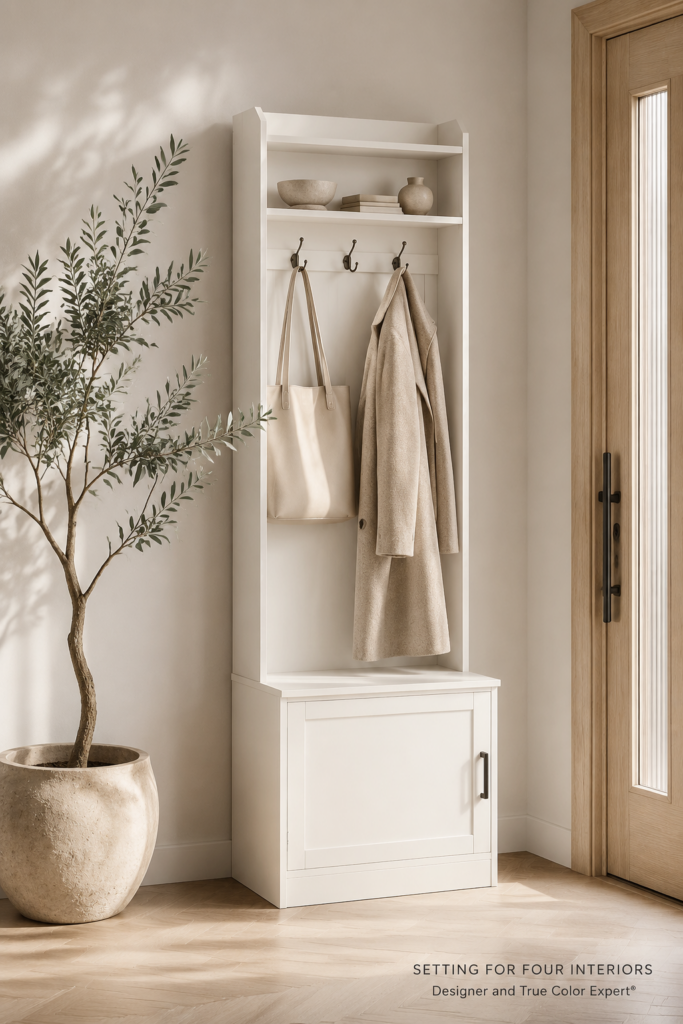 Quiet Luxury Small Entryway Idea With Hall Tree, no entryway inspiration, olive tree, organic modern home ideas, neutral color palette, warm, neutral entryway design ideas from a Designer and True Color Expert® | Setting For Four Interiors