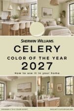Sherwin-Williams Celery SW 6421 Color of the Year 2027 collage showing soft light green kitchen cabinets, bedroom walls, bathroom walls with white oak finishes and black-trimmed windows and room ideas