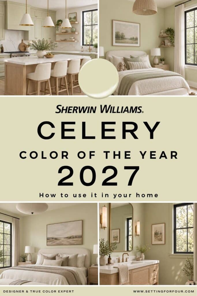 Sherwin Williams Celery SW 6421 Color of the Year 2027 collage showing soft light green kitchen cabinets, bedroom walls and bathroom walls with white oak finishes and black-trimmed windows.