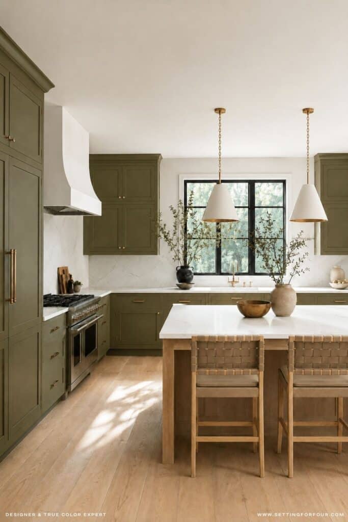 Behr Grounded Kitchen Cabinet Paint Color, green kitchen, neutral color palette, white walls, light wood kitchen island, quartz countertops and slab backsplash, white and brass pendant lights, woven kitchen island stools, cozy kitchen idea