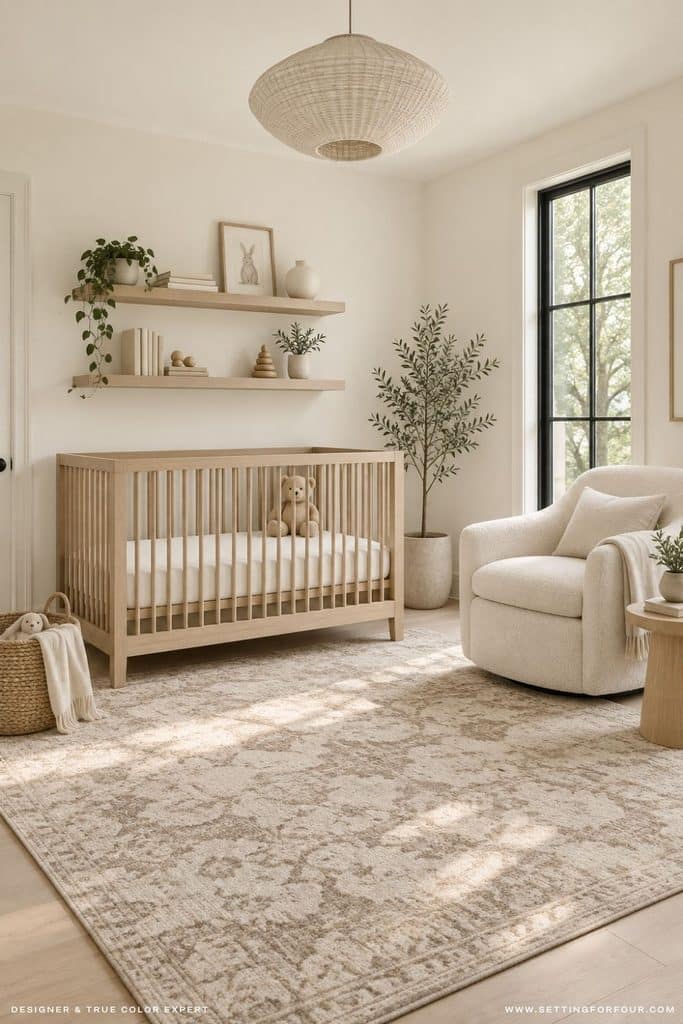 Neutral organic modern nursery with Benjamin Moore Swiss Coffee OC-45 walls, natural wood crib, ivory swivel glider, white oak floating shelves, black-trimmed window, woven ceiling light and cream vintage-style area rug.