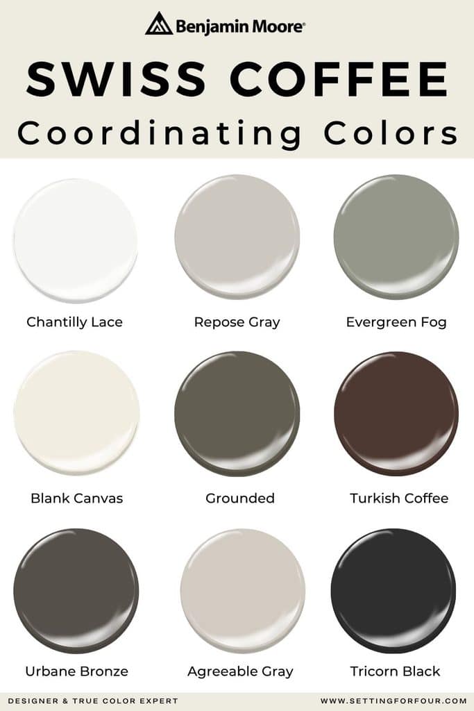 Benjamin Moore Swiss Coffee OC-45 coordinating color palette with Chantilly Lace, Repose Gray, Evergreen Fog, Blank Canvas, Grounded, Turkish Coffee, Urbane Bronze, Agreeable Gray and Tricorn Black paint colors.
