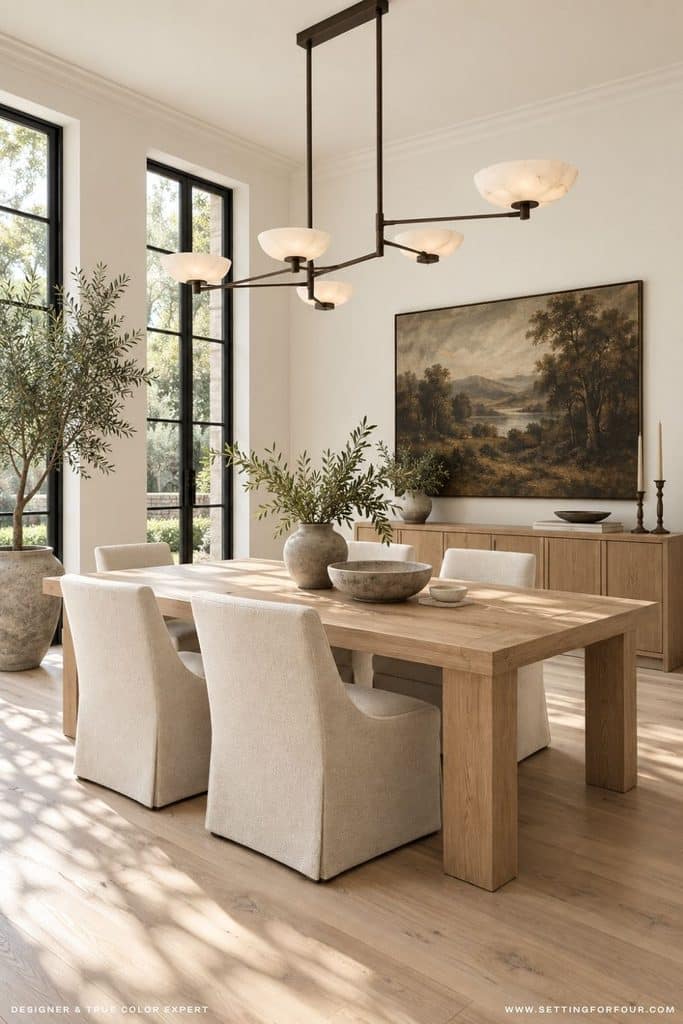 Organic modern dining room with Benjamin Moore Swiss Coffee walls, a rectangular white oak table, cream upholstered dining chairs, black-trimmed windows, a sculptural chandelier, white oak sideboard, vintage landscape art and a potted olive tree.