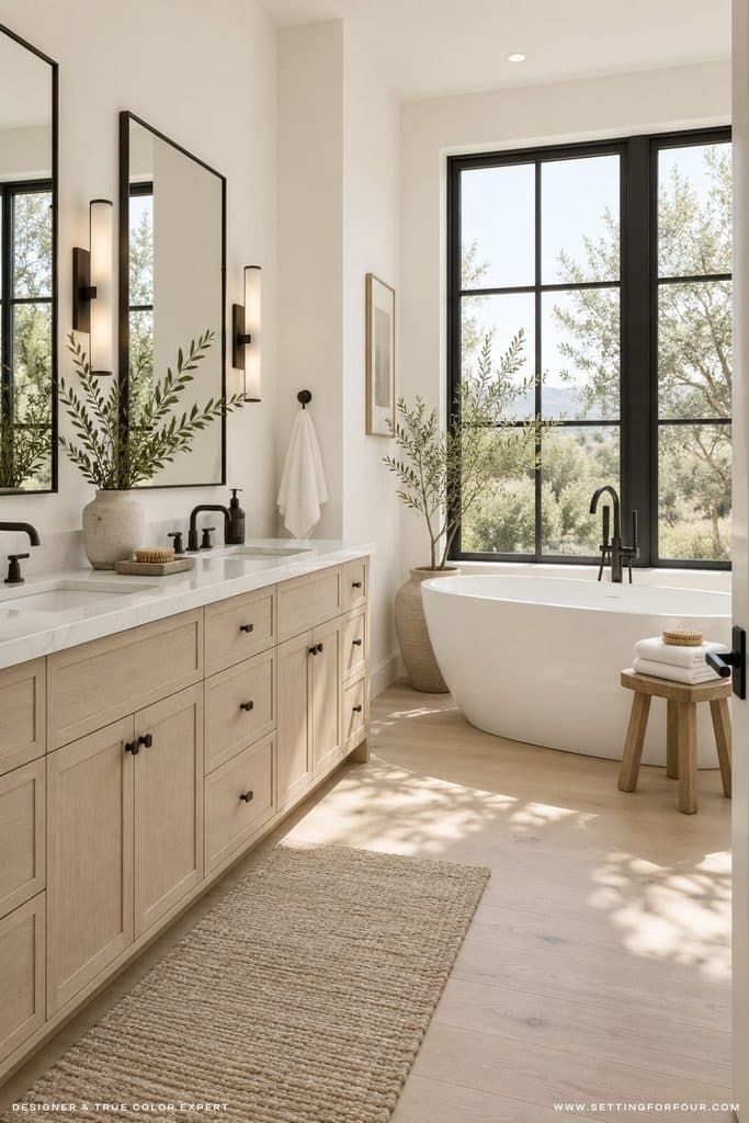 Luxury organic modern ensuite bathroom with Benjamin Moore Swiss Coffee OC-45 walls, white oak double vanity, white quartz countertops, black fixtures, black-trimmed windows, freestanding white tub and light wood floors.