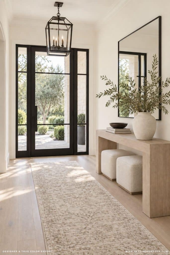 Organic modern entryway with Benjamin Moore Swiss Coffee OC-45 walls, black-framed glass front door, white oak console table, cream ottomans, black-framed mirror, neutral runner rug and lantern pendant light.