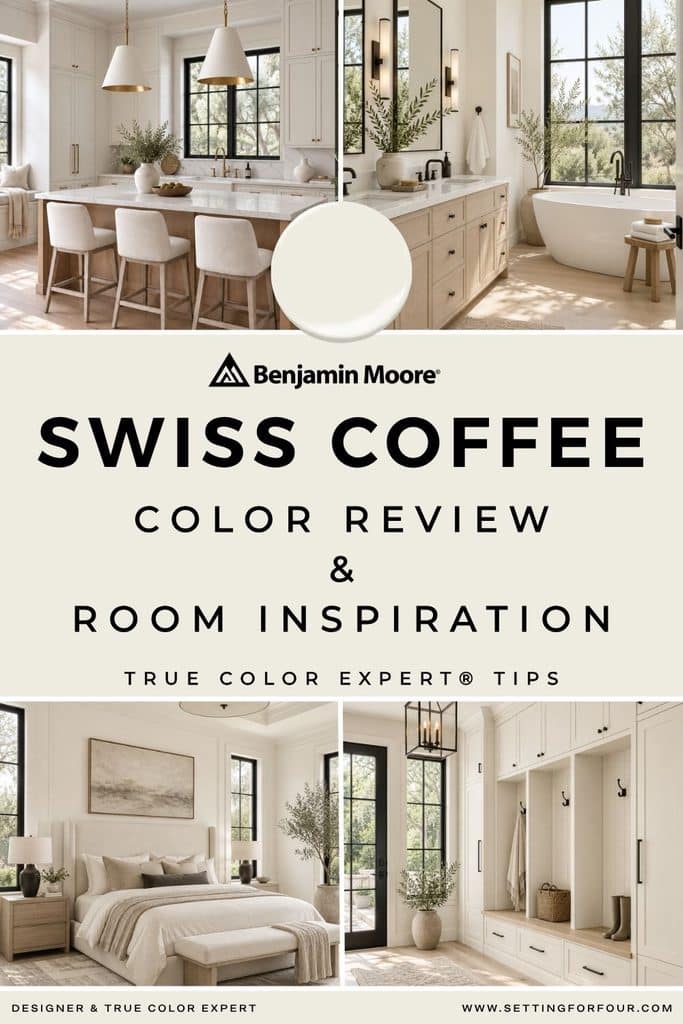 Benjamin Moore Swiss Coffee OC-45 color review featuring the creamy off-white paint color in an organic modern kitchen, bathroom, bedroom and mudroom, with True Color Expert tips and room inspiration.