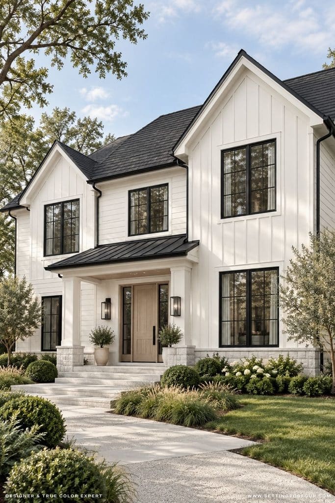 Modern farmhouse exterior painted Benjamin Moore Swiss Coffee OC-45 with creamy off-white board-and-batten siding, black-framed windows, black roof, natural wood front door, stone accents and landscaped front yard.