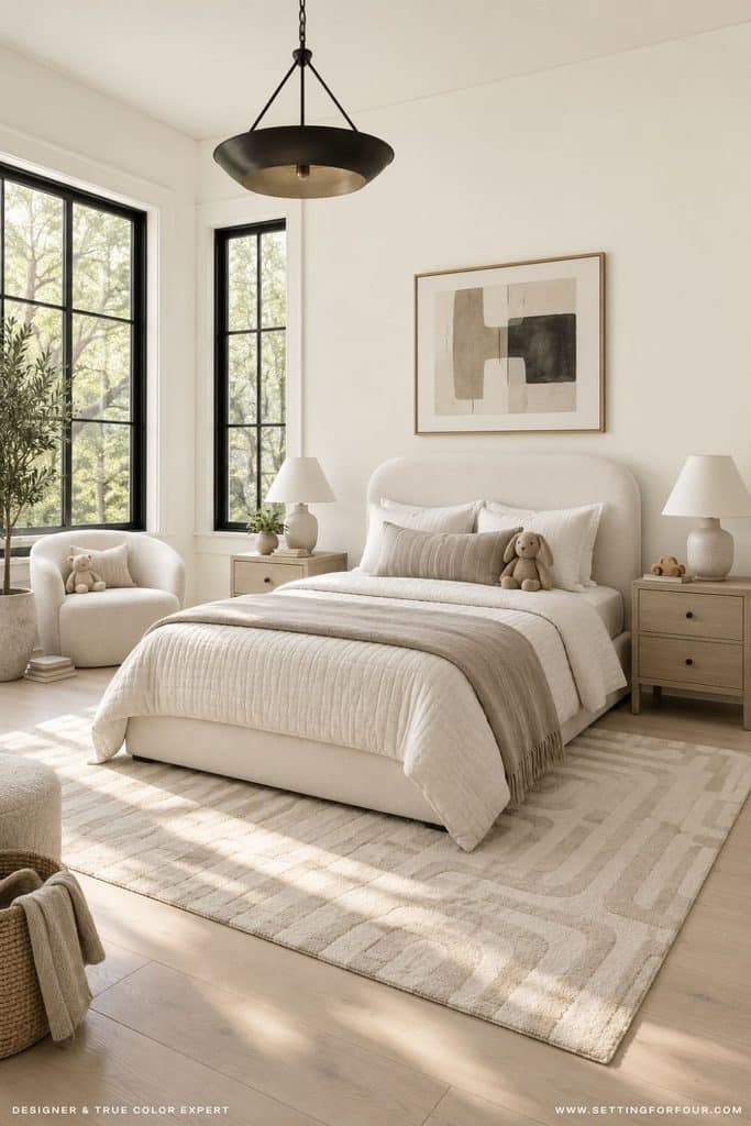 Neutral organic modern kidsโ bedroom with Benjamin Moore Swiss Coffee OC-45 walls, an ivory upholstered bed, white oak nightstands, black-trimmed windows, cream geometric rug, neutral bedding and teddy bear decor.