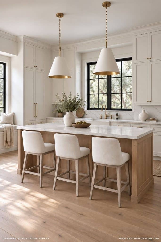 Organic modern kitchen with Benjamin Moore Swiss Coffee OC-45 cabinets and walls, a white oak island, white quartz countertops, cream upholstered counter stools, black-trimmed windows and white-and-brass pendant lights.