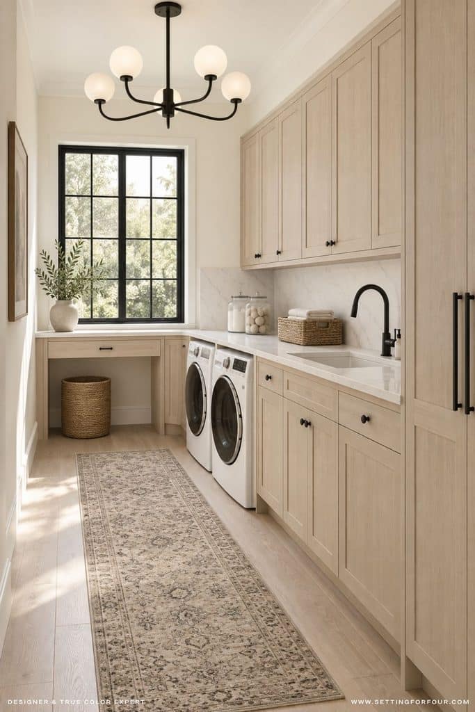 Organic modern laundry room with Benjamin Moore Swiss Coffee OC-45 walls, white oak cabinets, white quartz countertops and slab backsplash, black fixtures, black-trimmed window, globe chandelier and neutral vintage runner rug.