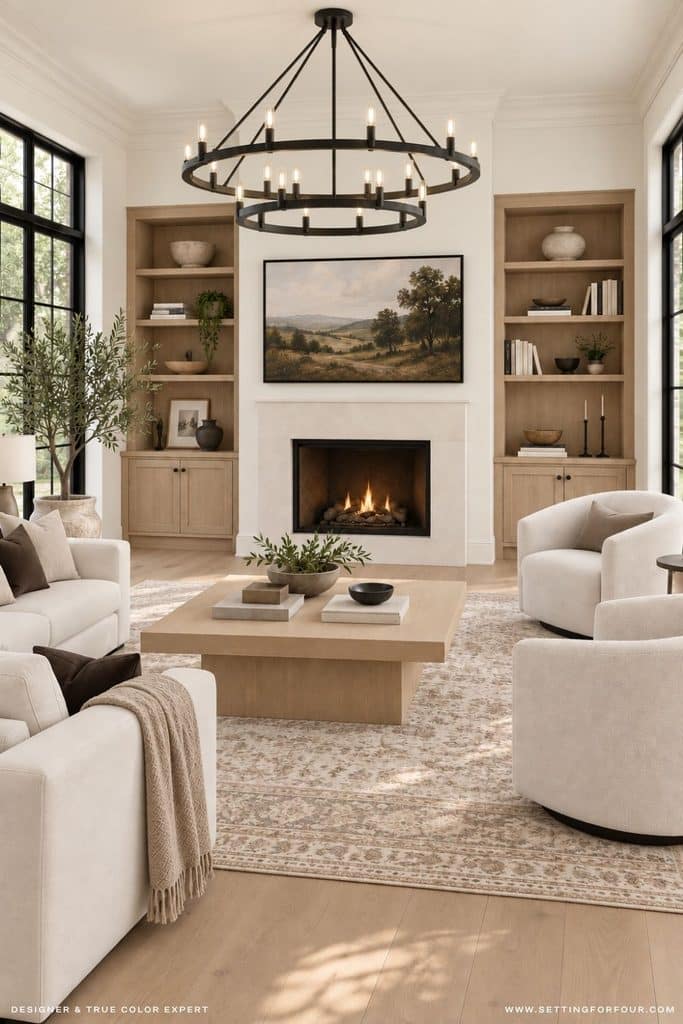 Organic modern living room with Benjamin Moore Swiss Coffee OC-45 walls, white oak built-ins, plaster fireplace, ivory sofa and swivel chairs, black wagon-wheel chandelier, black-trimmed windows and neutral vintage-style rug.
