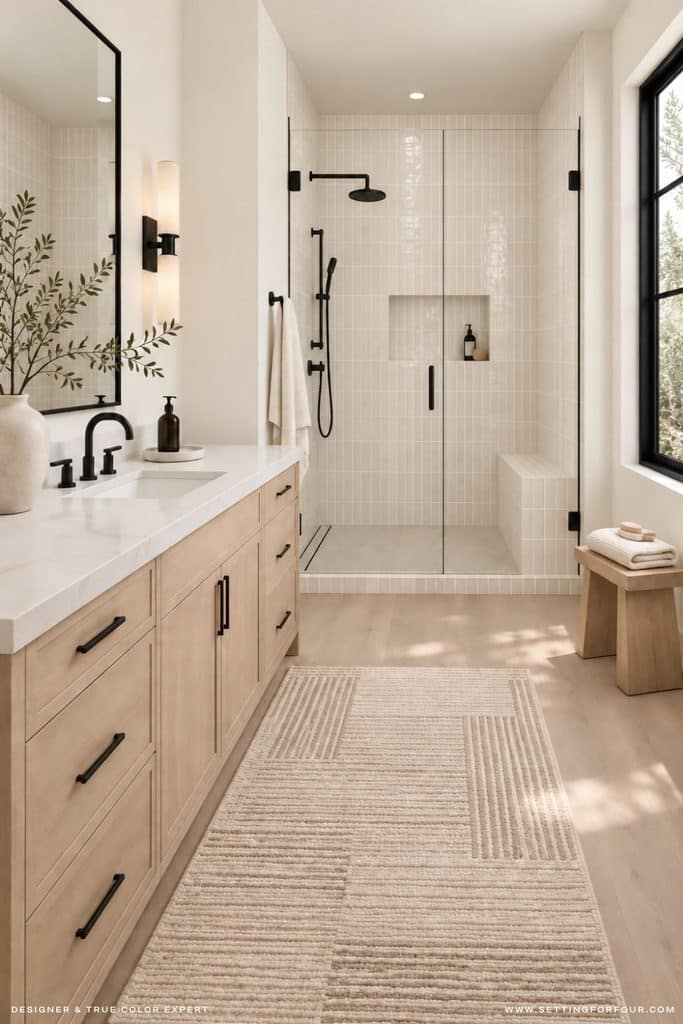 Organic modern main bathroom with Benjamin Moore Swiss Coffee OC-45 walls, white oak vanity, white quartz countertop, vertically stacked cream shower tile, glass shower enclosure, matte black fixtures and neutral geometric runner rug.