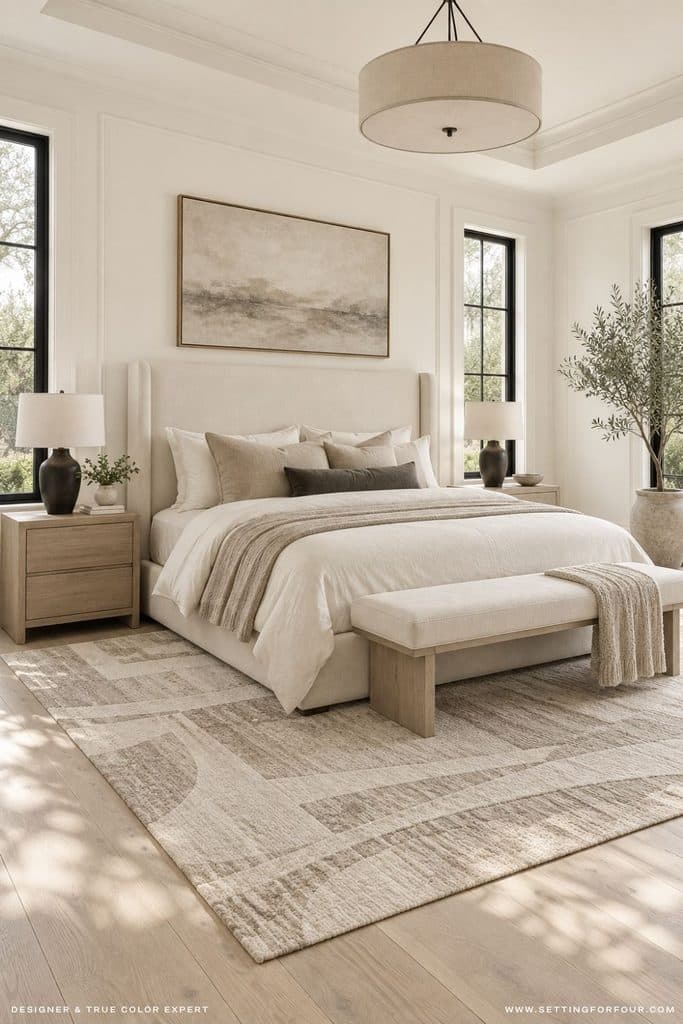 Luxury organic modern primary bedroom with Benjamin Moore Swiss Coffee OC-45 walls, an ivory upholstered bed, white oak nightstands, black-trimmed windows, neutral area rug and layered cream and taupe bedding.