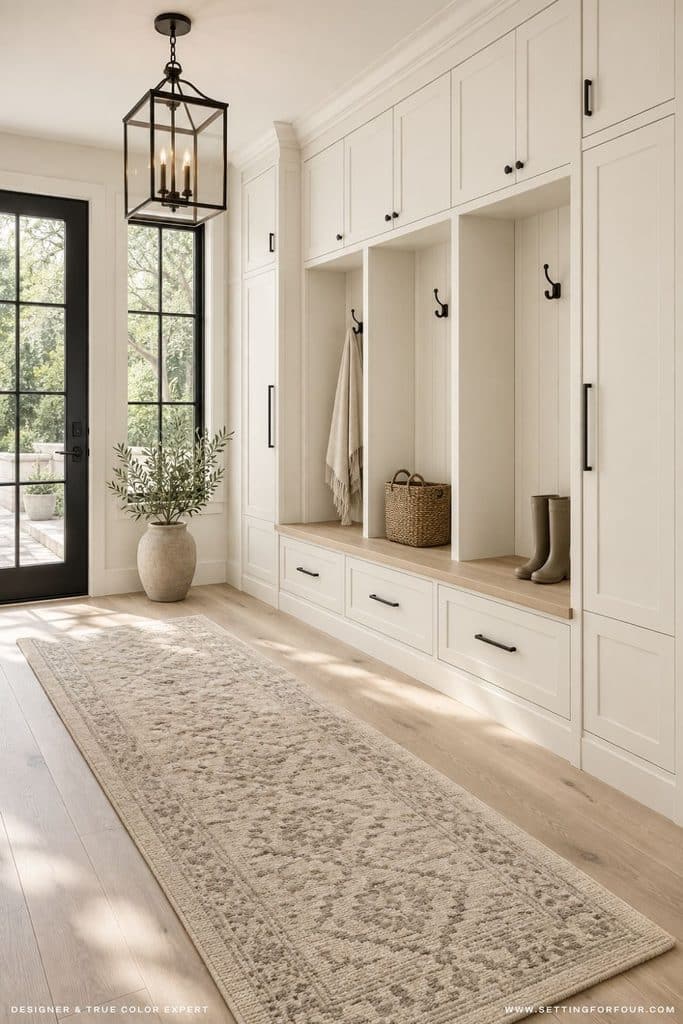 Organic modern mudroom with Benjamin Moore Swiss Coffee OC-45 walls and built-in cabinets, white oak bench and floors, black hardware, lantern pendant, neutral runner rug and black-framed glass door.
