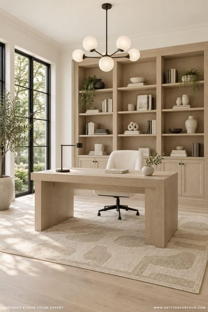 Luxury organic modern home office with Benjamin Moore Swiss Coffee OC-45 walls, white oak desk and built-in bookcases, cream office chair, black-trimmed windows, globe chandelier and neutral geometric area rug.