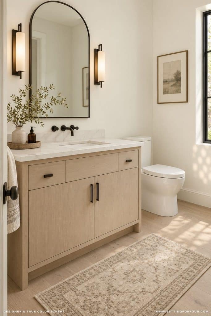 Organic modern powder room with Benjamin Moore Swiss Coffee OC-45 walls, a white oak vanity, white quartz countertop, black wall-mounted faucet, arched black mirror, black-trimmed window and neutral runner rug.