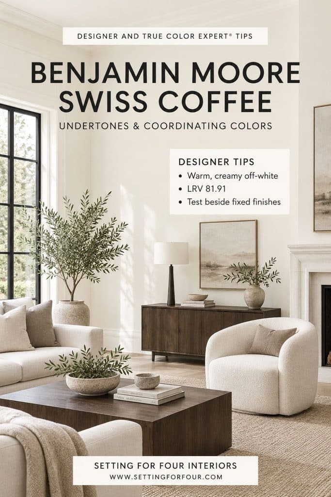 Benjamin Moore Swiss Coffee OC-45 undertones and coordinating colors guide featuring a luxury organic modern living room with creamy off-white walls, ivory furniture, dark wood accents, black-trimmed windows and expert paint color tips.