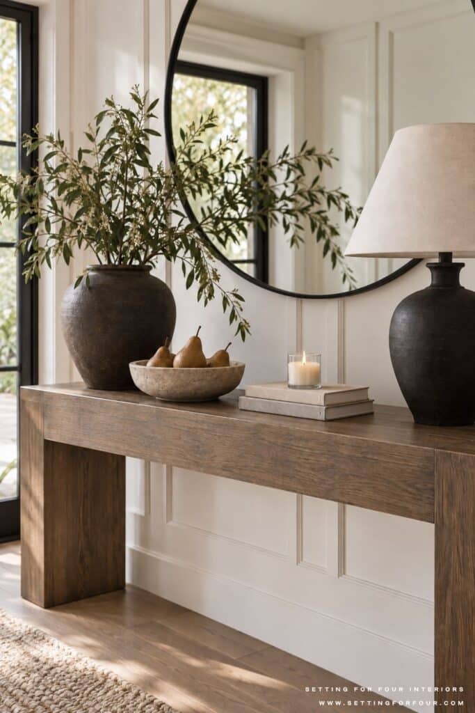 Wood console table decorated with a round black mirror, black lamp, olive branches, bowl of pears, stacked books and white candle.