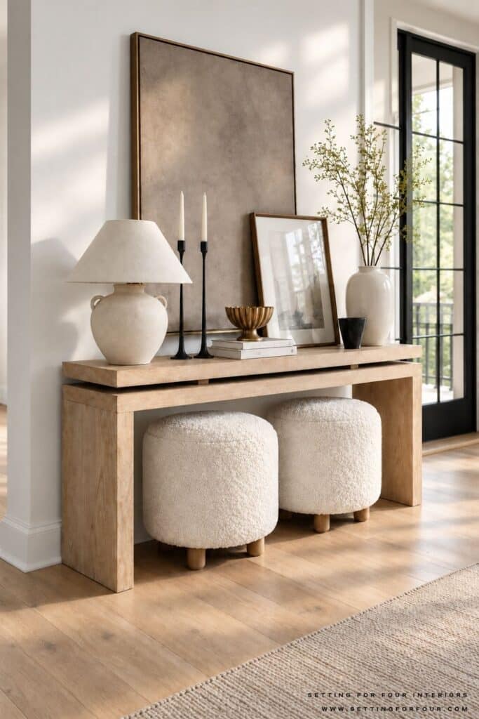 White oak entryway console table decorated with a cream lamp, layered artwork, candlesticks, books, greenery and two cream ottomans.