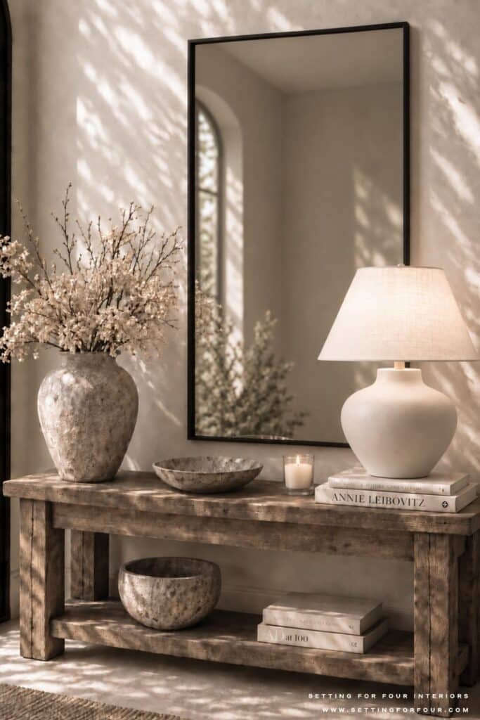 Rustic wood console table with a lower shelf styled with a black-framed mirror, luxury style cream lamp, floral arrangement, candle, books and decorative bowls.